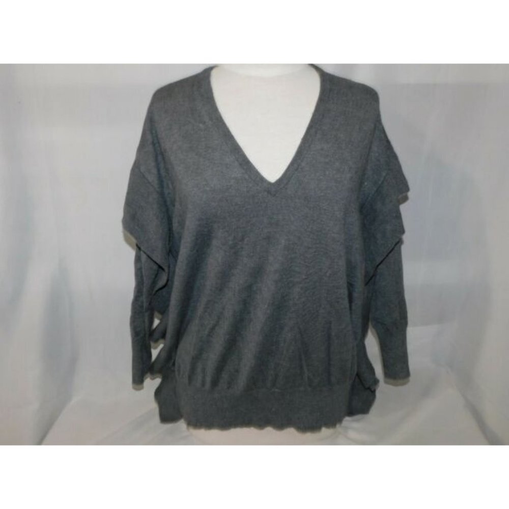 Zara Womens Gray Flounce Ruffle Detail Oversized Sweater V Neck M